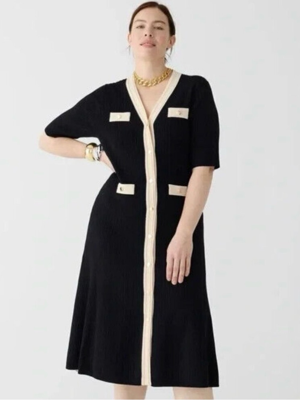 Elbow-sleeve button-up Midi in Black Ribbed Knit Sweater Dress